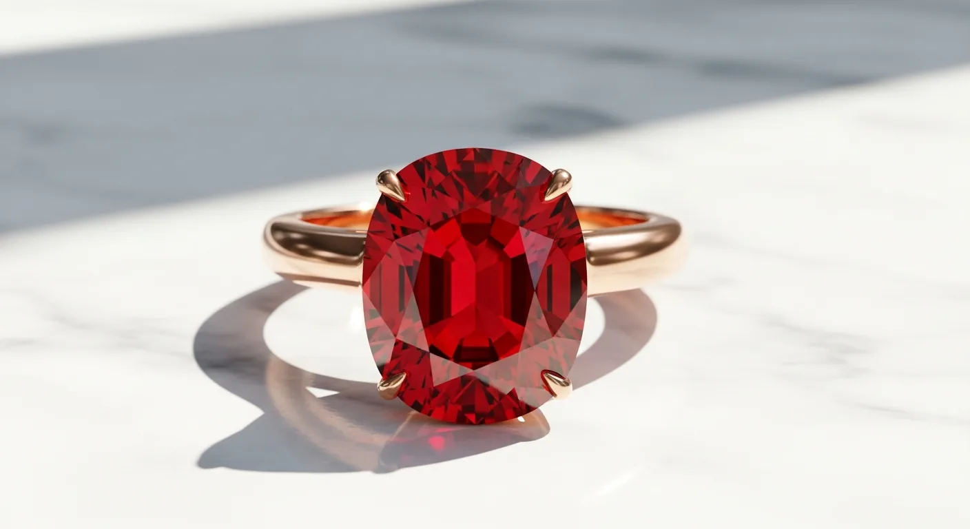Bague rubis sertie sur or rose, gros plan lumineux mettant en valeur l'éclat de la pierre