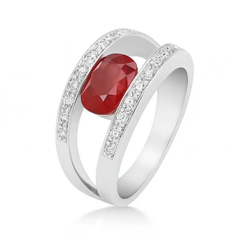 Bague Rubis Rouge Birman et Diamants en Or Blanc 750 pour femme - Bijoux Trabbia Vuillermoz