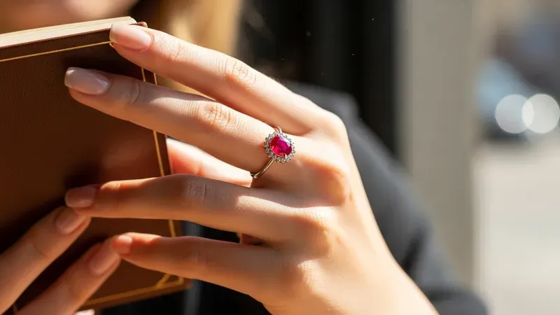 Gros plan sur une bague rubis marquise entourée de diamants