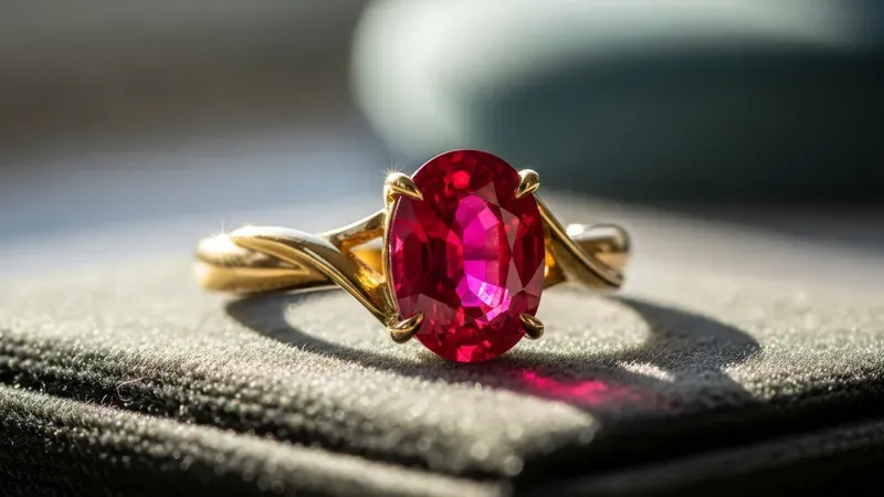 Collection capsule de bagues rubis présentée sur un présentoir en velours